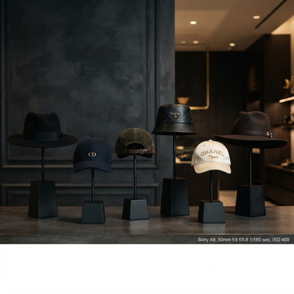 Luxury designer hats arranged for premium cleaning